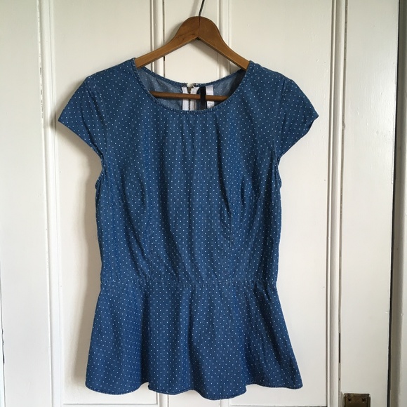 Kensie Chambray Polka Dot Peplum Retro Pin-Up Top S - Picture 1 of 13